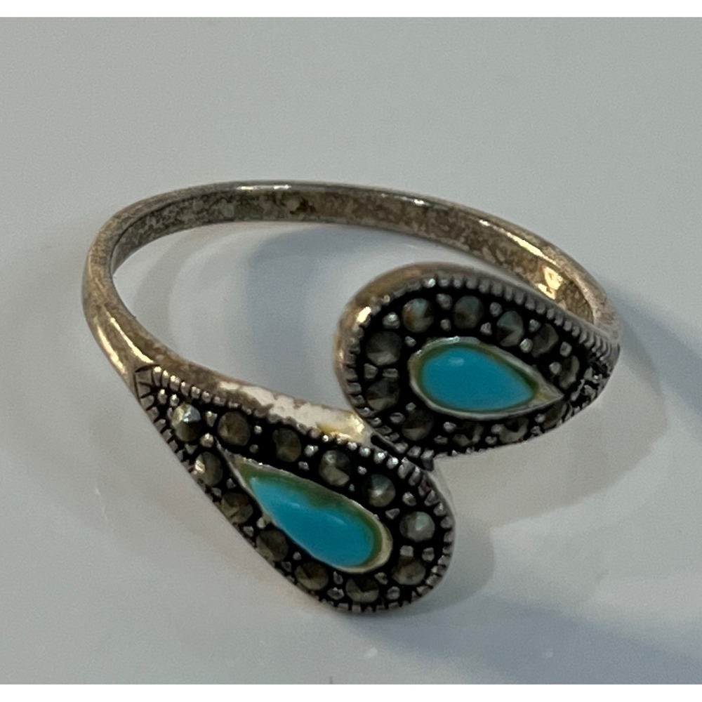 Vtg Turquoise Marcasite Sterling Silver Bypass Ring Adjustable Fashion Jewelry 6